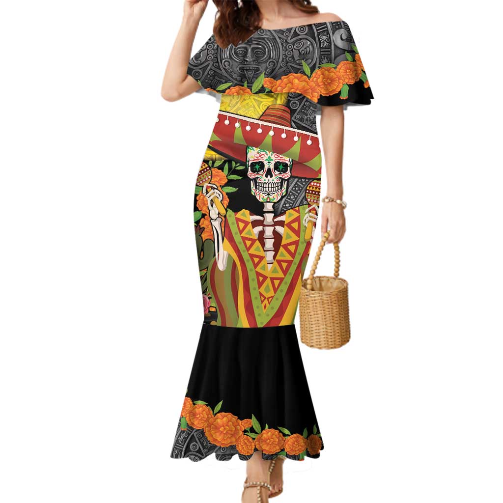 Mexico Dia De Los Muertos Family Matching Mermaid Dress and Hawaiian Shirt Sugar Skull Sombrero Aztec Pattern - Wonder Print Shop