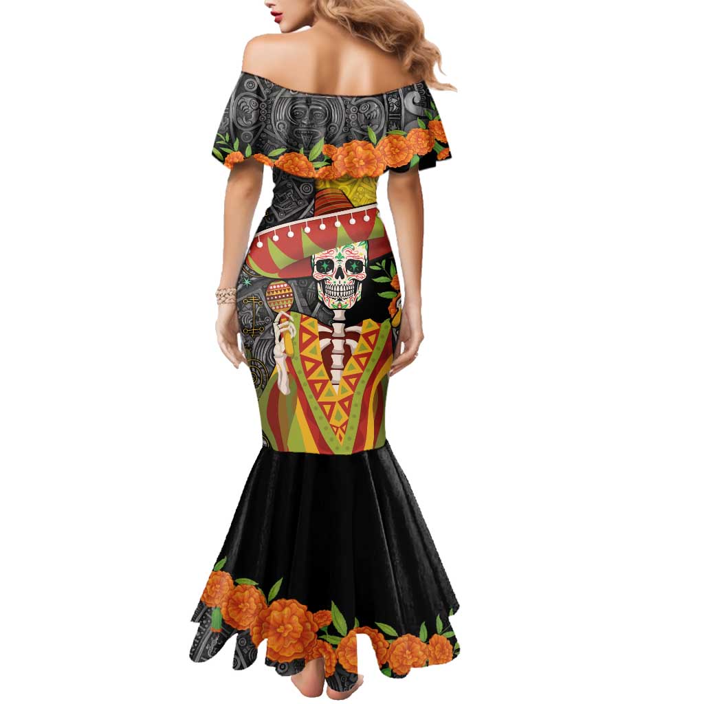 Mexico Dia De Los Muertos Family Matching Mermaid Dress and Hawaiian Shirt Sugar Skull Sombrero Aztec Pattern - Wonder Print Shop