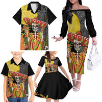 Mexico Dia De Los Muertos Family Matching Off The Shoulder Long Sleeve Dress and Hawaiian Shirt Sugar Skull Sombrero Aztec Pattern - Wonder Print Shop