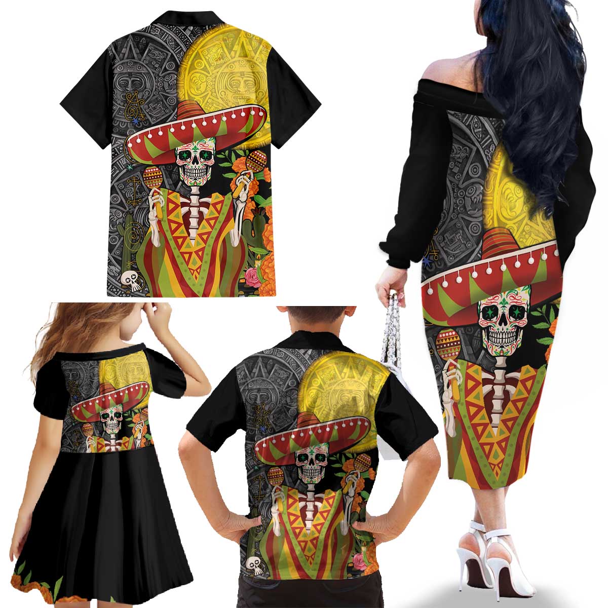 Mexico Dia De Los Muertos Family Matching Off The Shoulder Long Sleeve Dress and Hawaiian Shirt Sugar Skull Sombrero Aztec Pattern - Wonder Print Shop