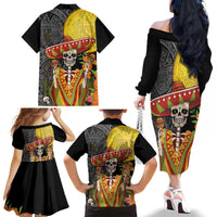 Mexico Dia De Los Muertos Family Matching Off The Shoulder Long Sleeve Dress and Hawaiian Shirt Sugar Skull Sombrero Aztec Pattern - Wonder Print Shop