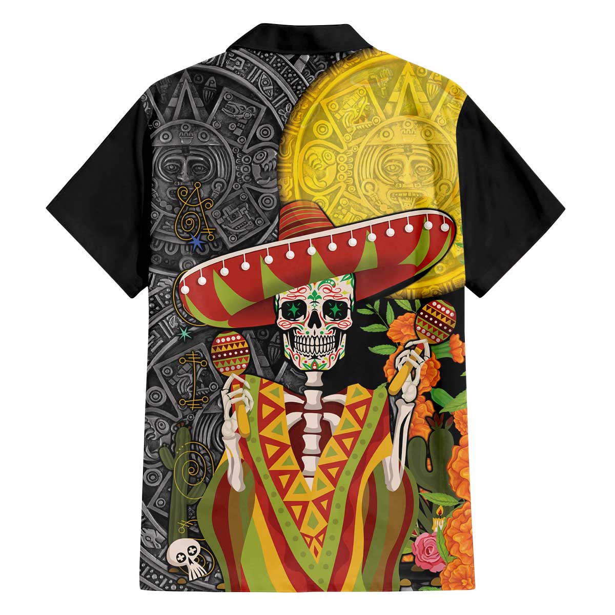 Mexico Dia De Los Muertos Family Matching Off The Shoulder Long Sleeve Dress and Hawaiian Shirt Sugar Skull Sombrero Aztec Pattern - Wonder Print Shop