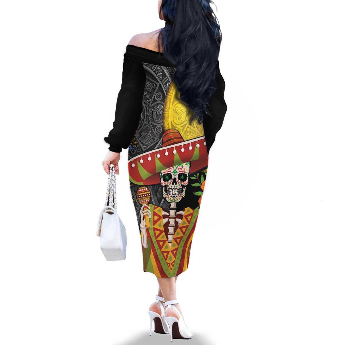 Mexico Dia De Los Muertos Family Matching Off The Shoulder Long Sleeve Dress and Hawaiian Shirt Sugar Skull Sombrero Aztec Pattern - Wonder Print Shop