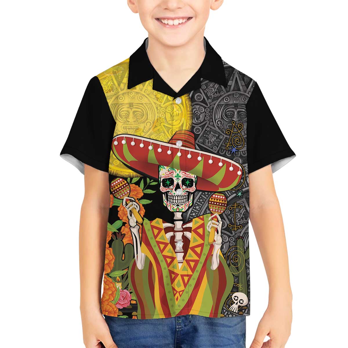 Mexico Dia De Los Muertos Family Matching Off The Shoulder Long Sleeve Dress and Hawaiian Shirt Sugar Skull Sombrero Aztec Pattern - Wonder Print Shop