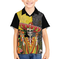 Mexico Dia De Los Muertos Family Matching Off The Shoulder Long Sleeve Dress and Hawaiian Shirt Sugar Skull Sombrero Aztec Pattern - Wonder Print Shop