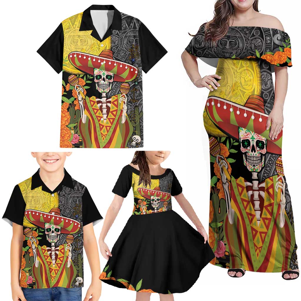 Mexico Dia De Los Muertos Family Matching Off Shoulder Maxi Dress and Hawaiian Shirt Sugar Skull Sombrero Aztec Pattern - Wonder Print Shop