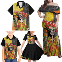 Mexico Dia De Los Muertos Family Matching Off Shoulder Maxi Dress and Hawaiian Shirt Sugar Skull Sombrero Aztec Pattern - Wonder Print Shop