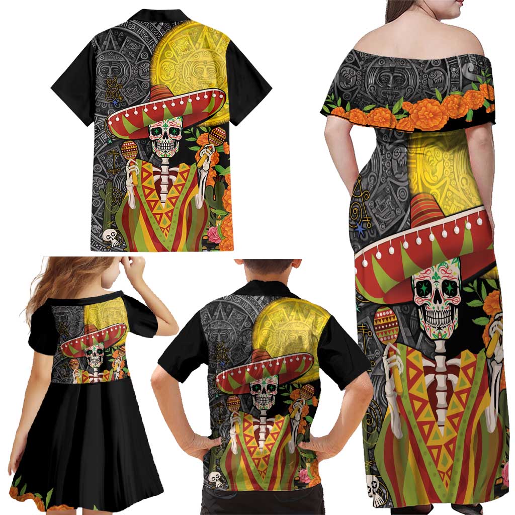 Mexico Dia De Los Muertos Family Matching Off Shoulder Maxi Dress and Hawaiian Shirt Sugar Skull Sombrero Aztec Pattern - Wonder Print Shop
