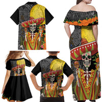 Mexico Dia De Los Muertos Family Matching Off Shoulder Maxi Dress and Hawaiian Shirt Sugar Skull Sombrero Aztec Pattern - Wonder Print Shop