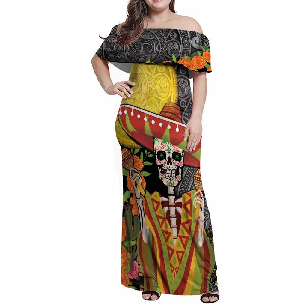 Mexico Dia De Los Muertos Family Matching Off Shoulder Maxi Dress and Hawaiian Shirt Sugar Skull Sombrero Aztec Pattern - Wonder Print Shop