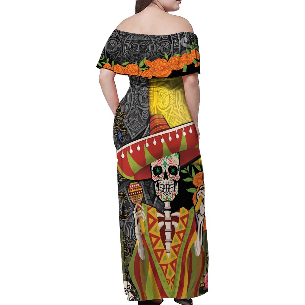 Mexico Dia De Los Muertos Family Matching Off Shoulder Maxi Dress and Hawaiian Shirt Sugar Skull Sombrero Aztec Pattern - Wonder Print Shop