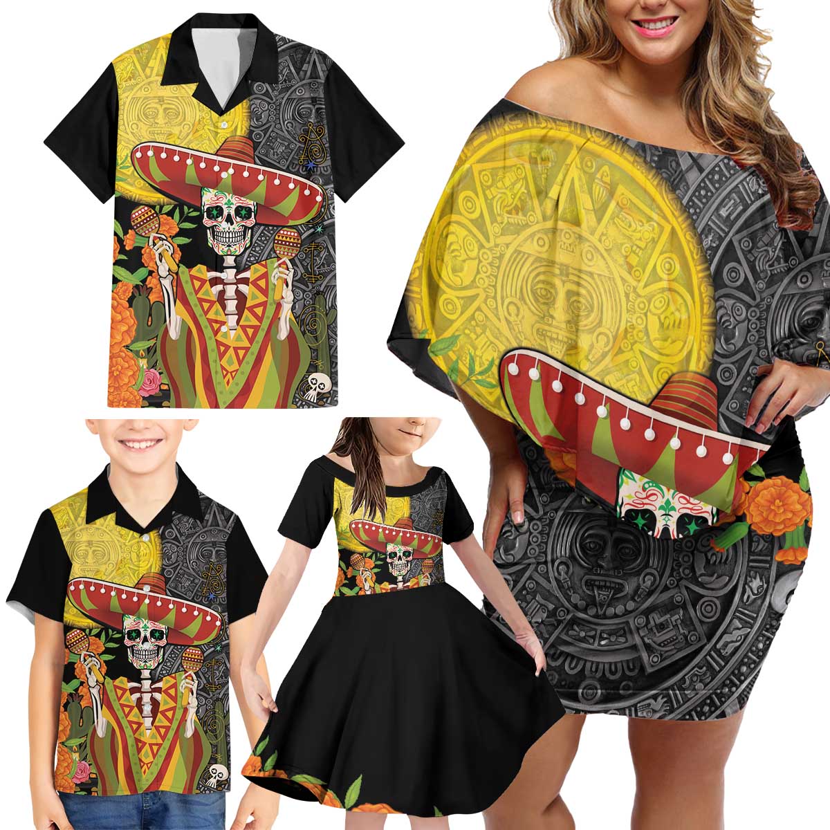 Mexico Dia De Los Muertos Family Matching Off Shoulder Short Dress and Hawaiian Shirt Sugar Skull Sombrero Aztec Pattern - Wonder Print Shop