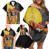 Mexico Dia De Los Muertos Family Matching Off Shoulder Short Dress and Hawaiian Shirt Sugar Skull Sombrero Aztec Pattern - Wonder Print Shop