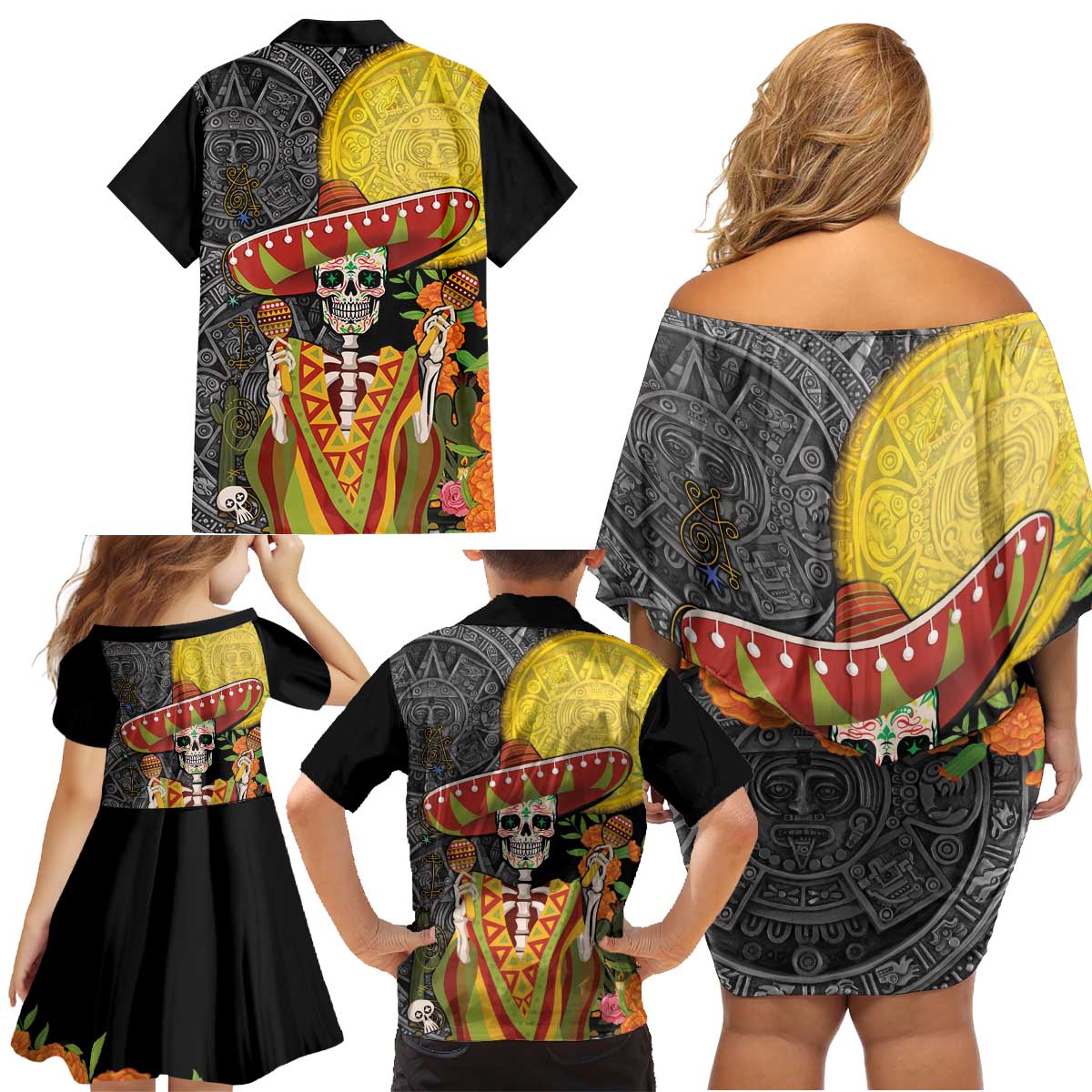 Mexico Dia De Los Muertos Family Matching Off Shoulder Short Dress and Hawaiian Shirt Sugar Skull Sombrero Aztec Pattern - Wonder Print Shop