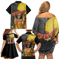 Mexico Dia De Los Muertos Family Matching Off Shoulder Short Dress and Hawaiian Shirt Sugar Skull Sombrero Aztec Pattern - Wonder Print Shop