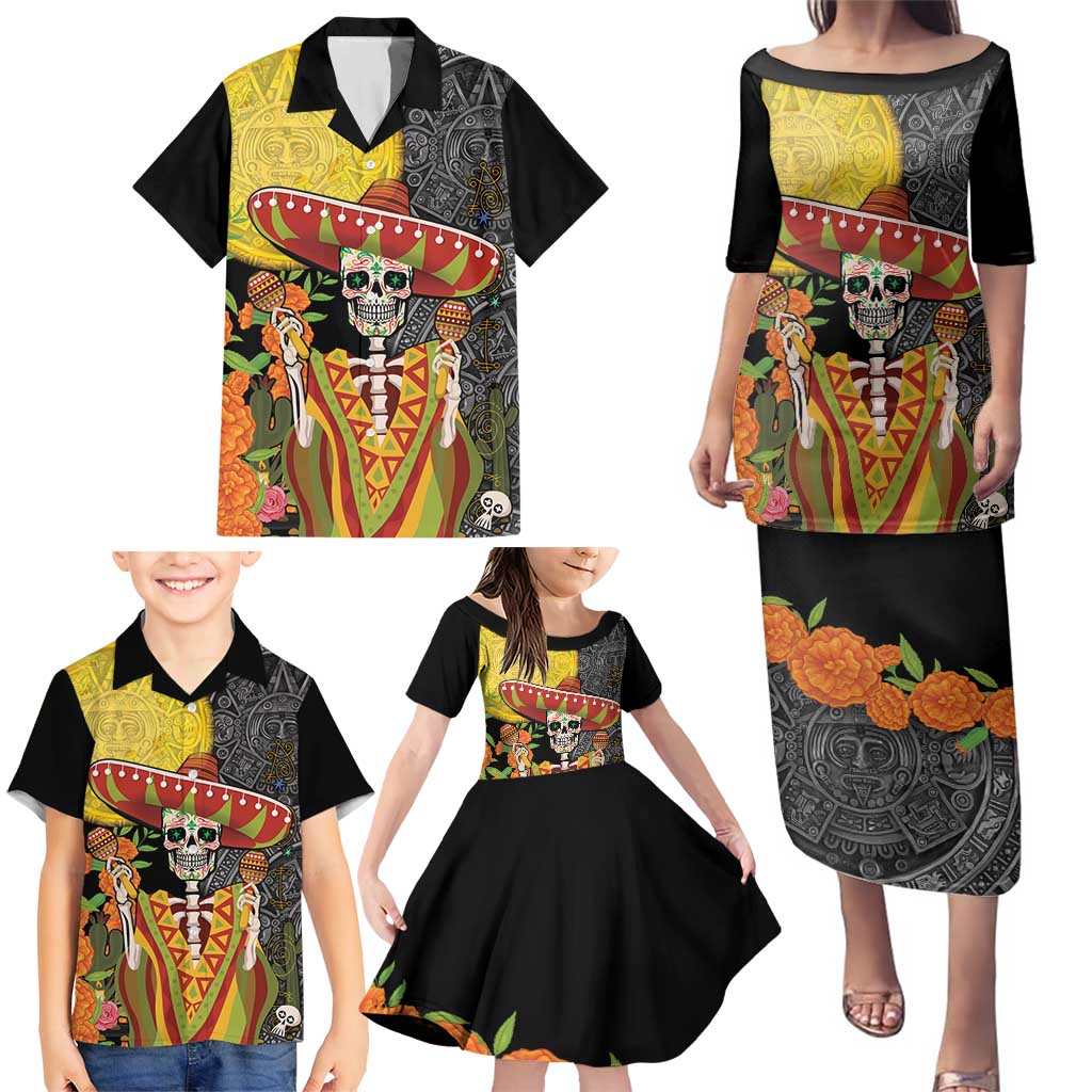 Mexico Dia De Los Muertos Family Matching Puletasi and Hawaiian Shirt Sugar Skull Sombrero Aztec Pattern - Wonder Print Shop