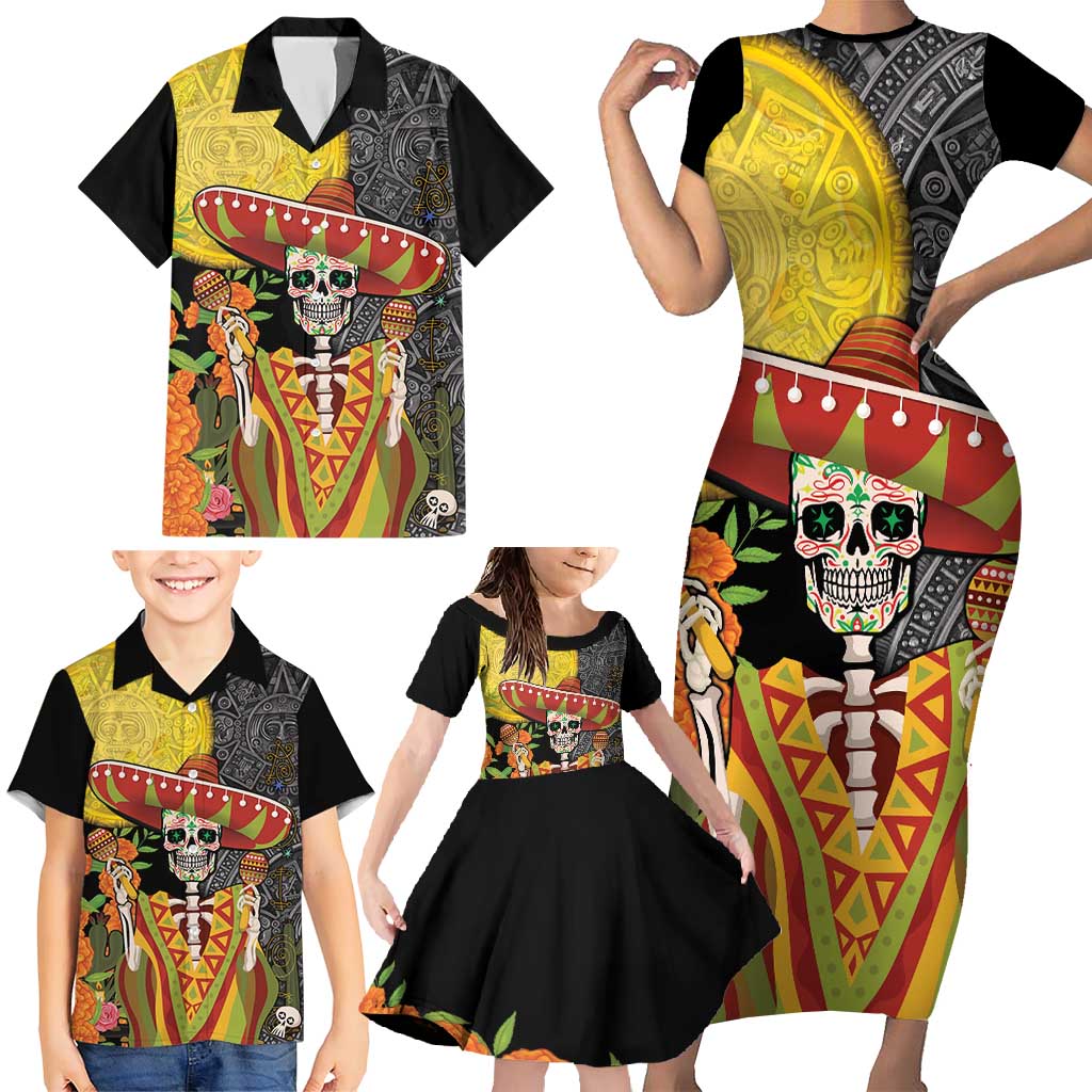 Mexico Dia De Los Muertos Family Matching Short Sleeve Bodycon Dress and Hawaiian Shirt Sugar Skull Sombrero Aztec Pattern - Wonder Print Shop