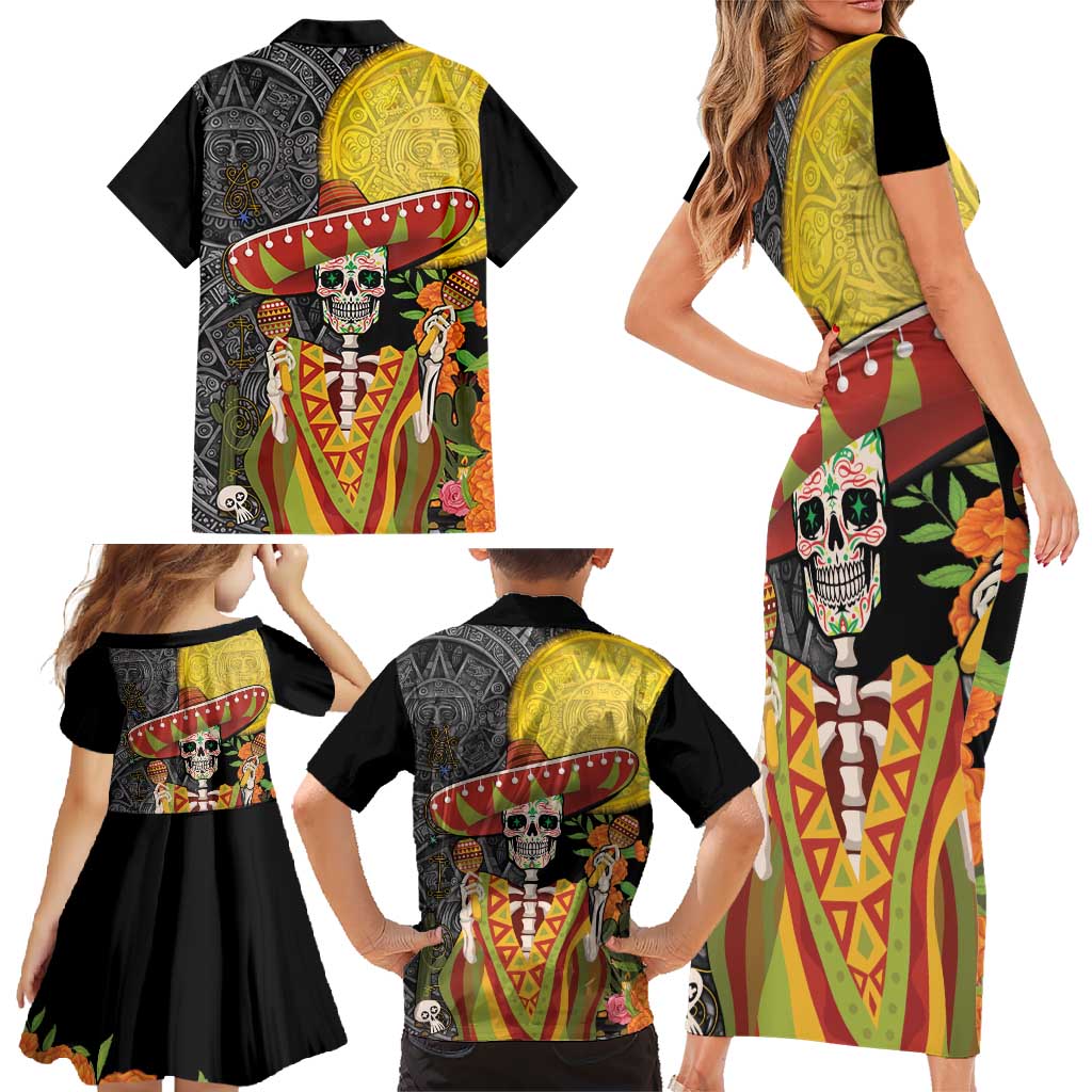 Mexico Dia De Los Muertos Family Matching Short Sleeve Bodycon Dress and Hawaiian Shirt Sugar Skull Sombrero Aztec Pattern - Wonder Print Shop