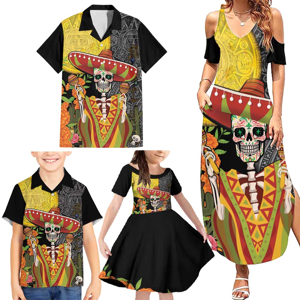 Mexico Dia De Los Muertos Family Matching Summer Maxi Dress and Hawaiian Shirt Sugar Skull Sombrero Aztec Pattern - Wonder Print Shop