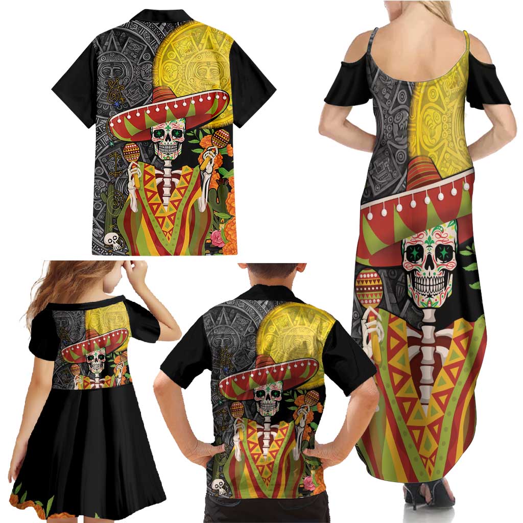 Mexico Dia De Los Muertos Family Matching Summer Maxi Dress and Hawaiian Shirt Sugar Skull Sombrero Aztec Pattern - Wonder Print Shop