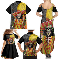 Mexico Dia De Los Muertos Family Matching Summer Maxi Dress and Hawaiian Shirt Sugar Skull Sombrero Aztec Pattern - Wonder Print Shop