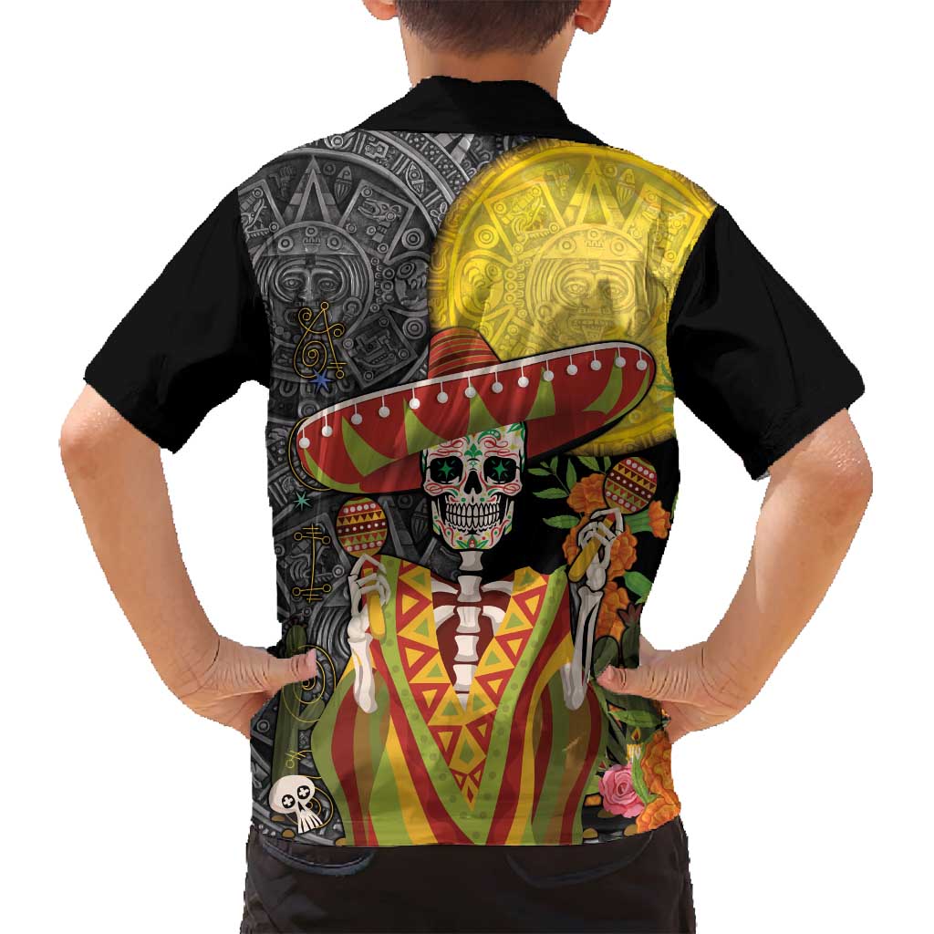 Mexico Dia De Los Muertos Family Matching Tank Maxi Dress and Hawaiian Shirt Sugar Skull Sombrero Aztec Pattern - Wonder Print Shop
