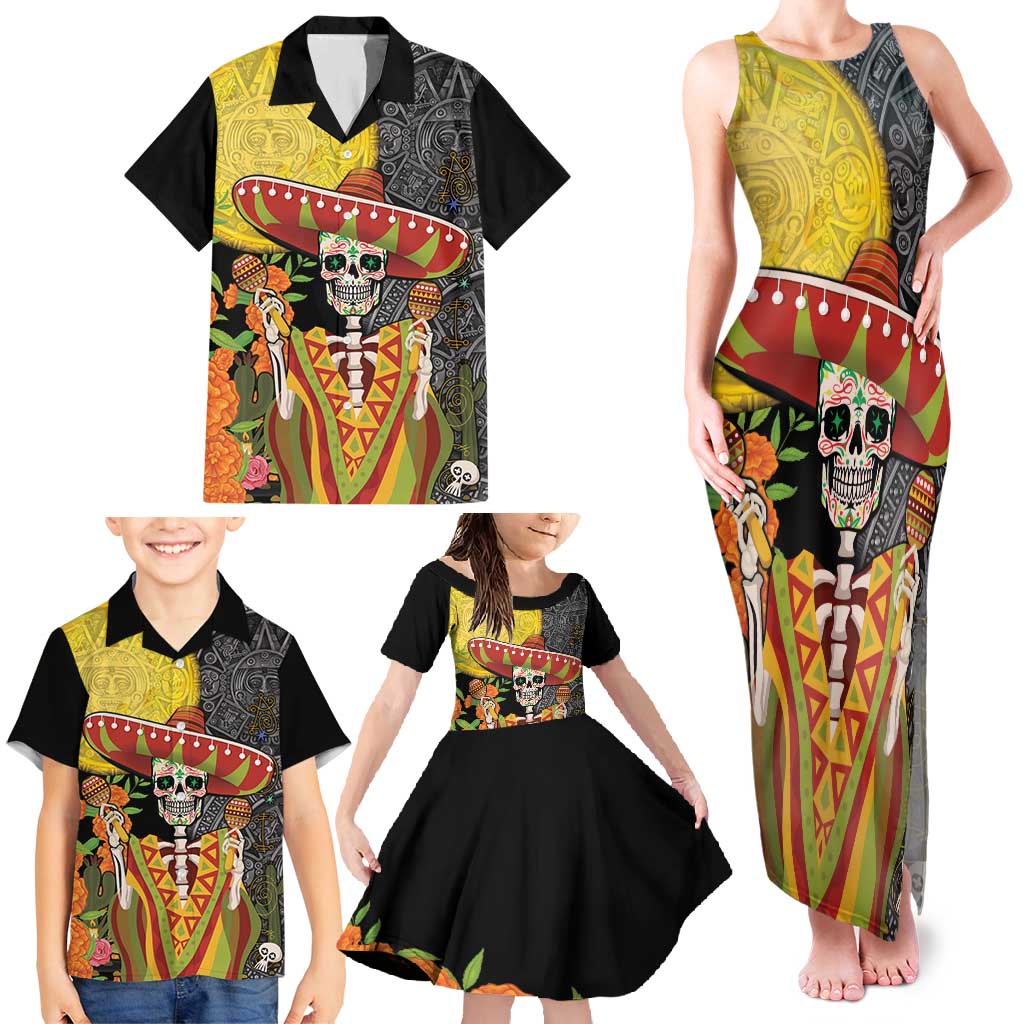 Mexico Dia De Los Muertos Family Matching Tank Maxi Dress and Hawaiian Shirt Sugar Skull Sombrero Aztec Pattern - Wonder Print Shop