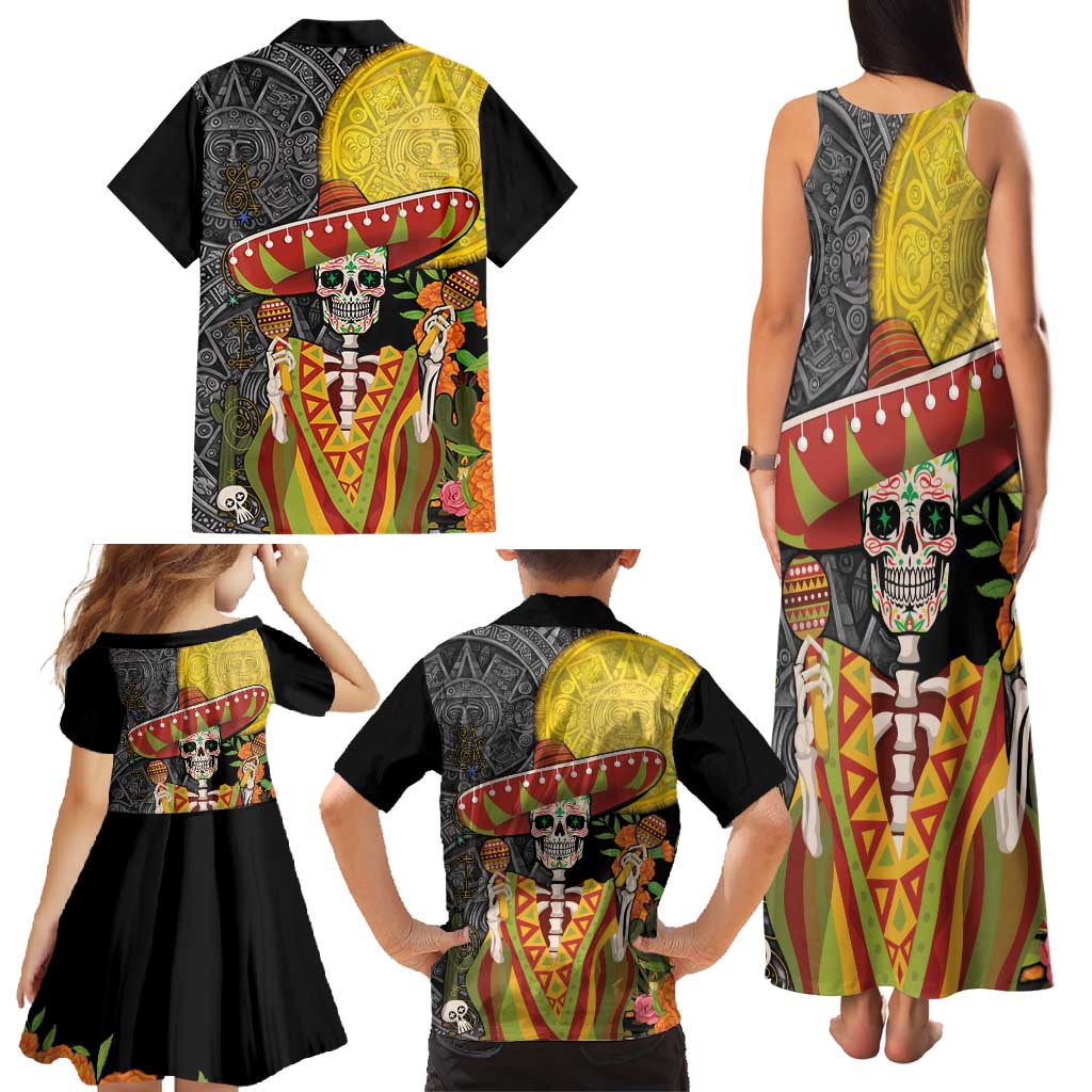 Mexico Dia De Los Muertos Family Matching Tank Maxi Dress and Hawaiian Shirt Sugar Skull Sombrero Aztec Pattern - Wonder Print Shop