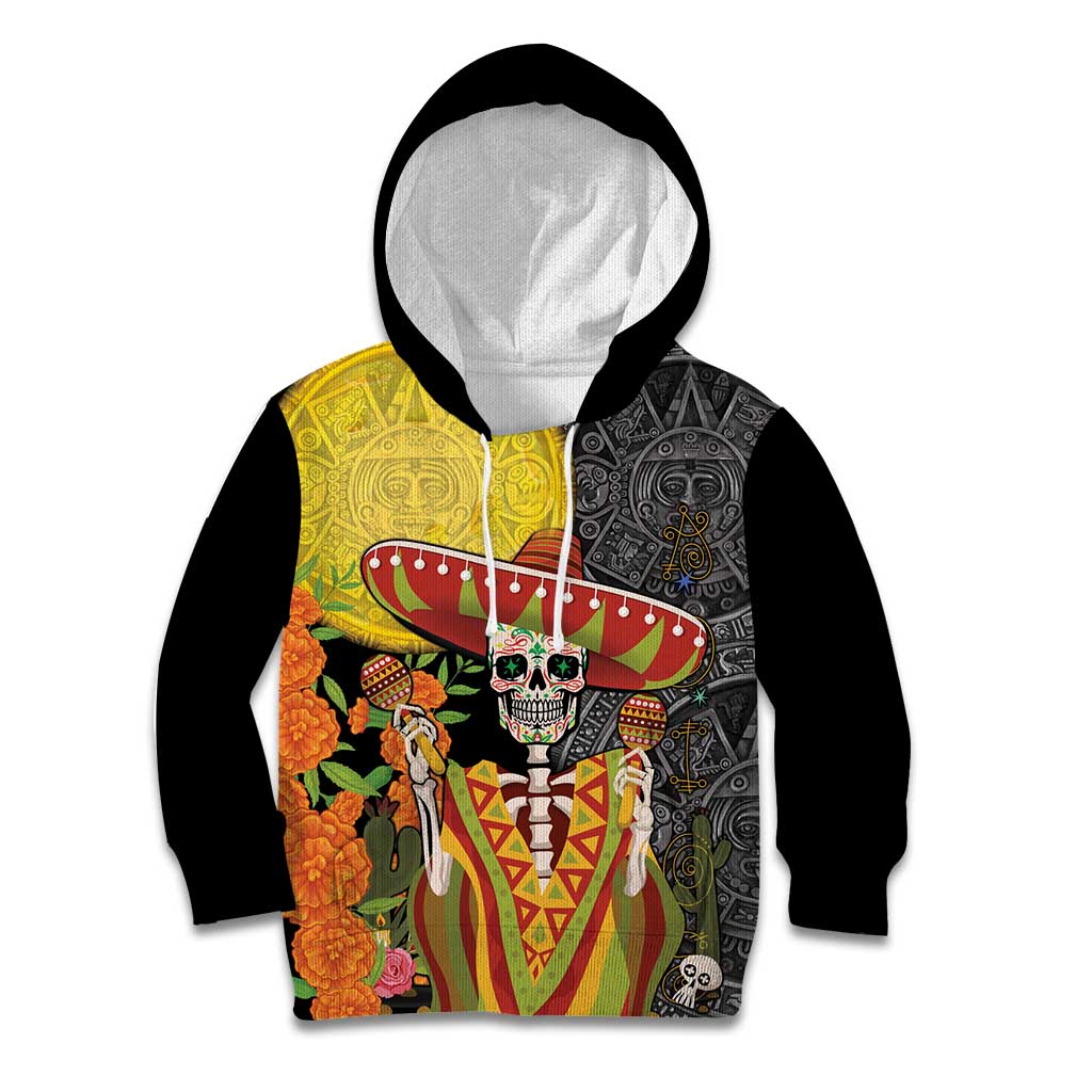 Mexico Dia De Los Muertos Kid Hoodie Sugar Skull Sombrero Aztec Pattern - Wonder Print Shop