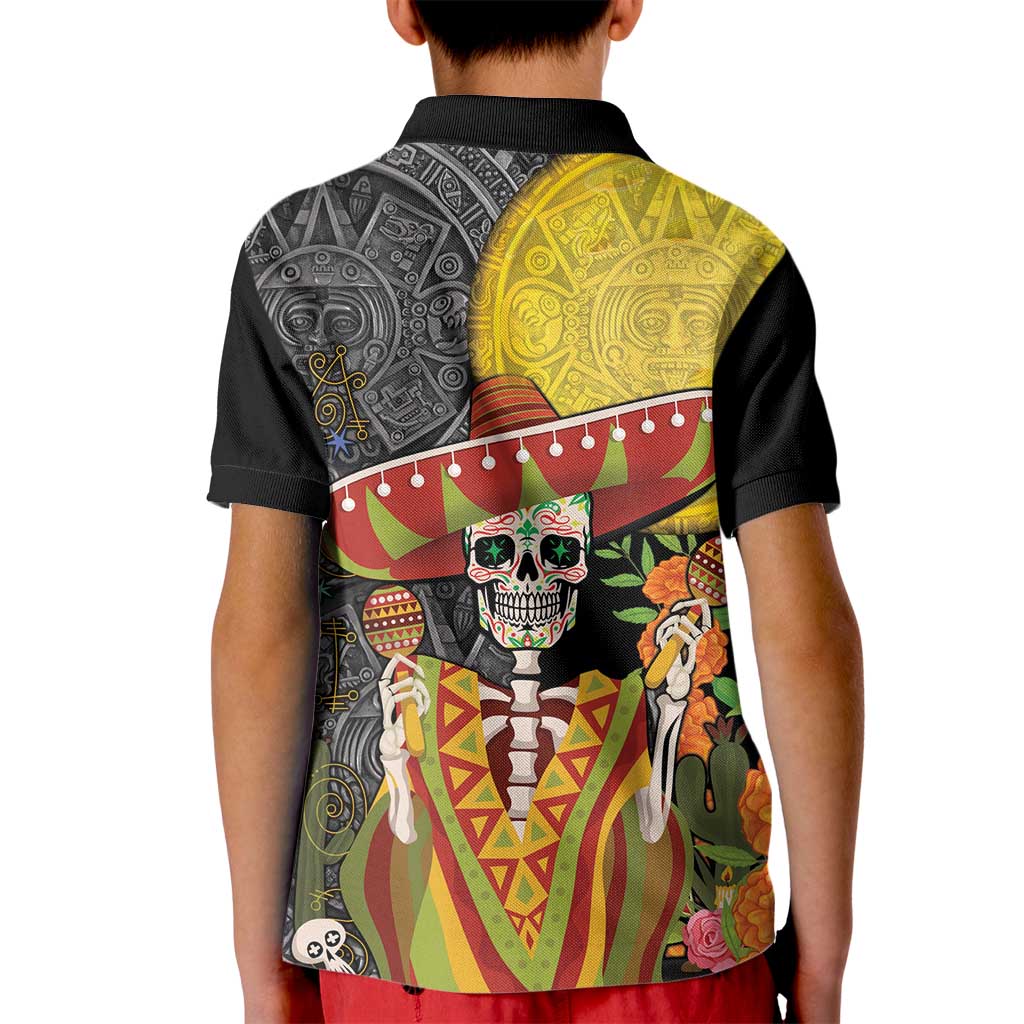 Mexico Dia De Los Muertos Kid Polo Shirt Sugar Skull Sombrero Aztec Pattern - Wonder Print Shop