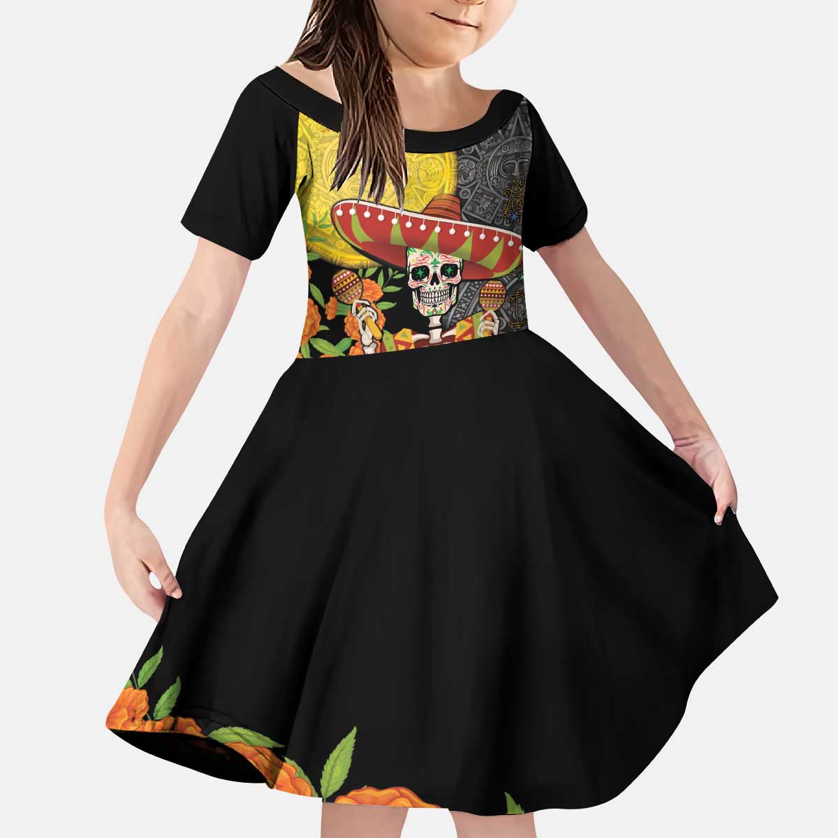 Mexico Dia De Los Muertos Kid Short Sleeve Dress Sugar Skull Sombrero Aztec Pattern - Wonder Print Shop