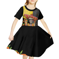 Mexico Dia De Los Muertos Kid Short Sleeve Dress Sugar Skull Sombrero Aztec Pattern - Wonder Print Shop