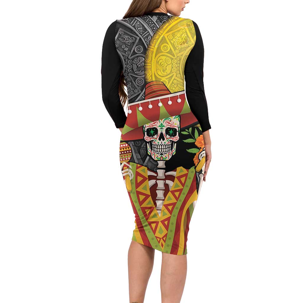 Mexico Dia De Los Muertos Long Sleeve Bodycon Dress Sugar Skull Sombrero Aztec Pattern - Wonder Print Shop