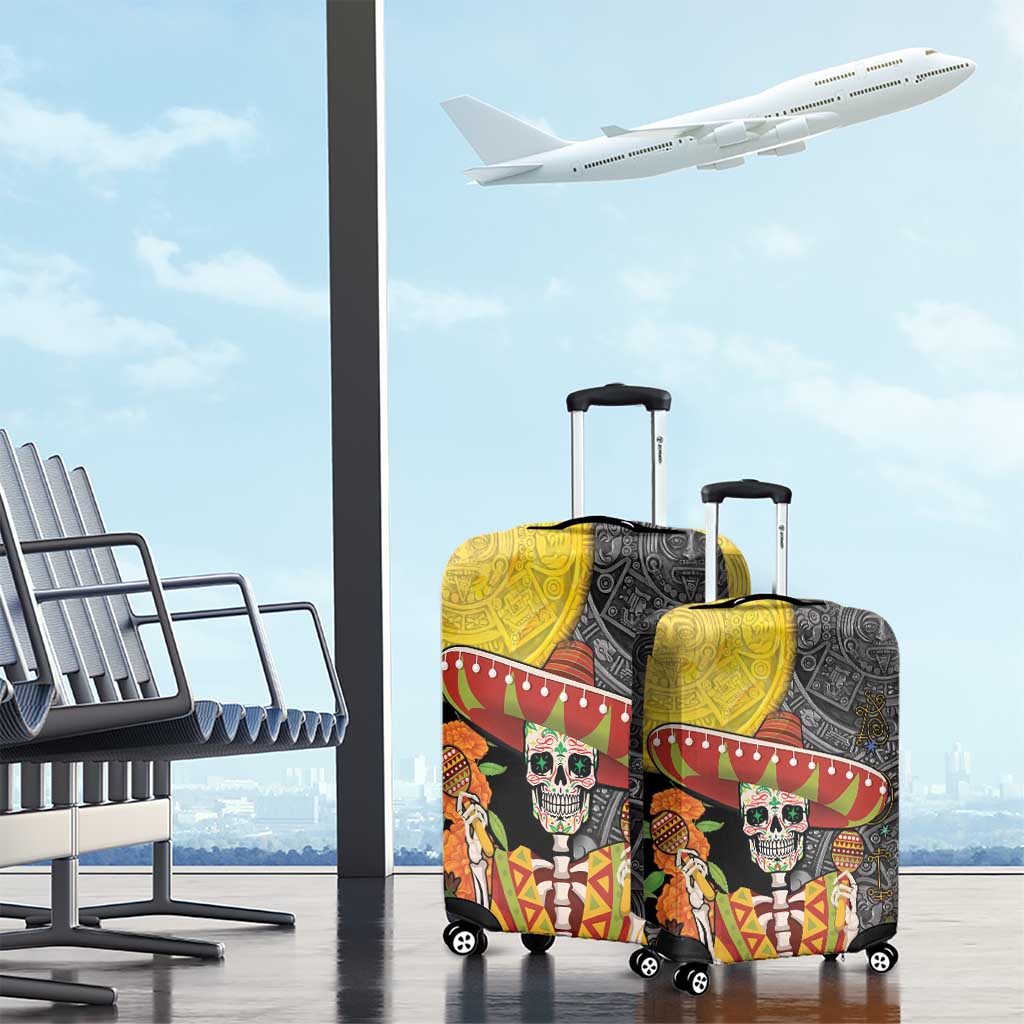 Mexico Dia De Los Muertos Luggage Cover Sugar Skull Sombrero Aztec Pattern - Wonder Print Shop