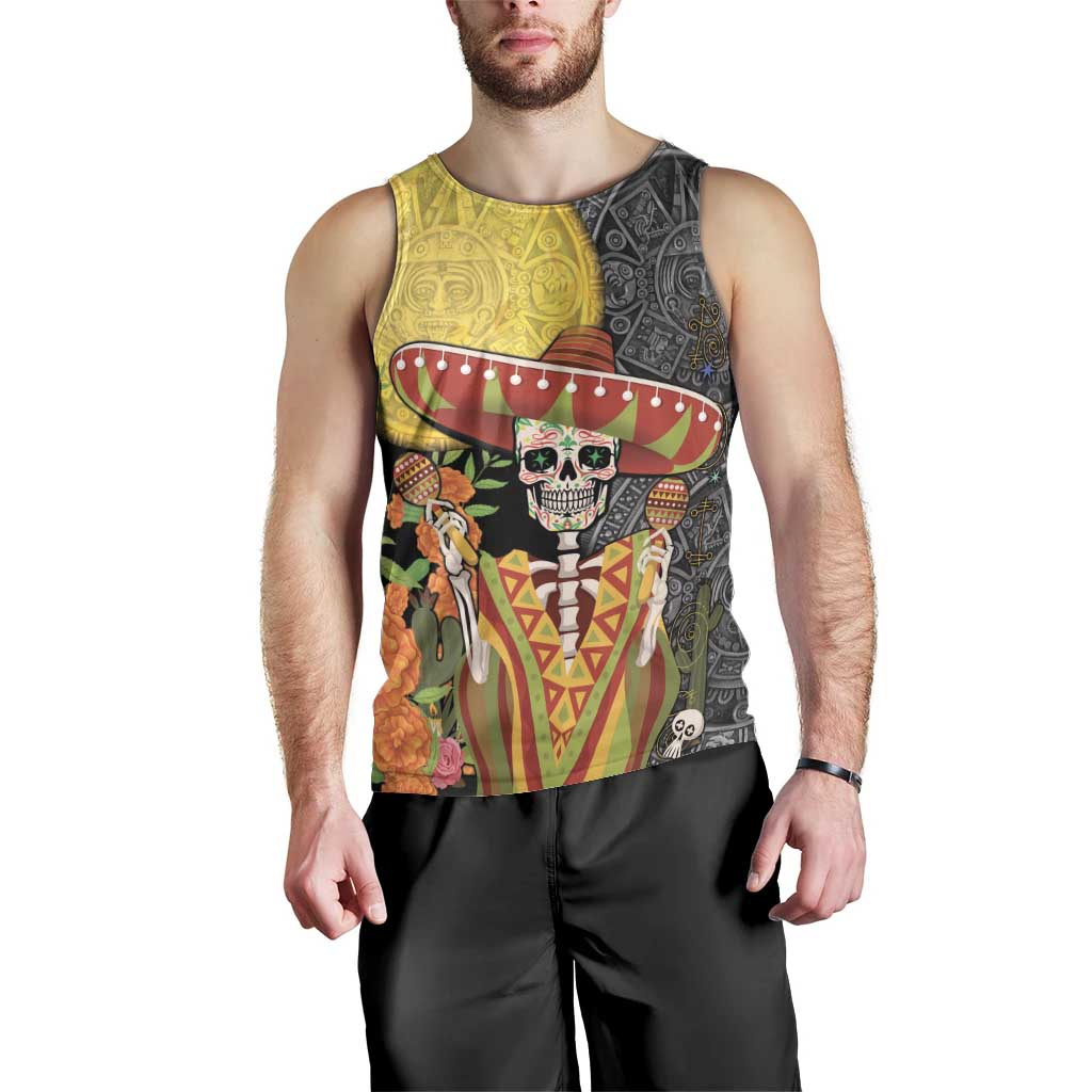 Mexico Dia De Los Muertos Men Tank Top Sugar Skull Sombrero Aztec Pattern - Wonder Print Shop