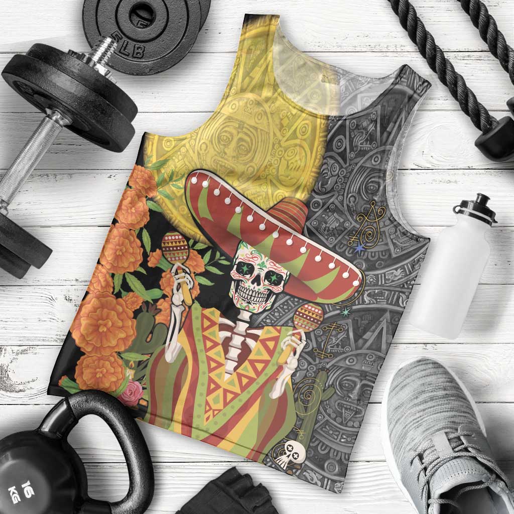 Mexico Dia De Los Muertos Men Tank Top Sugar Skull Sombrero Aztec Pattern - Wonder Print Shop