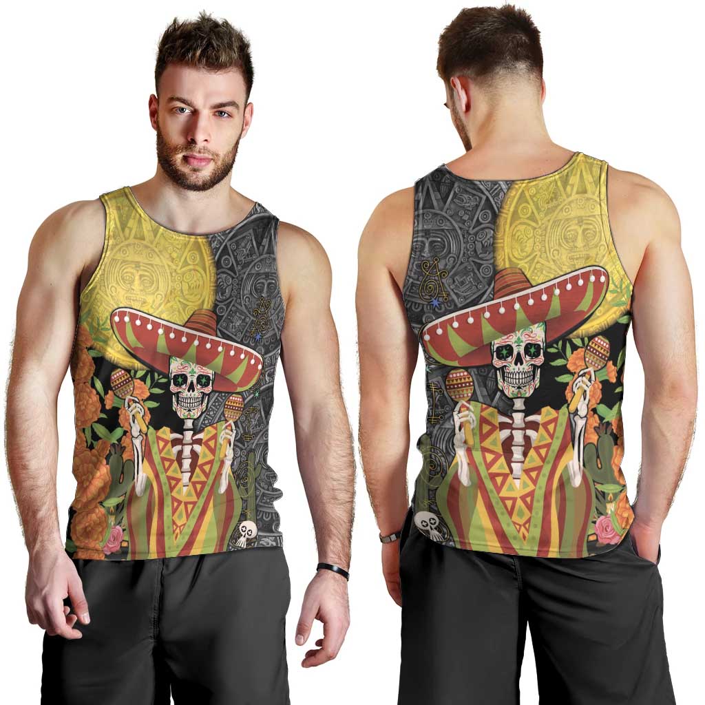 Mexico Dia De Los Muertos Men Tank Top Sugar Skull Sombrero Aztec Pattern - Wonder Print Shop