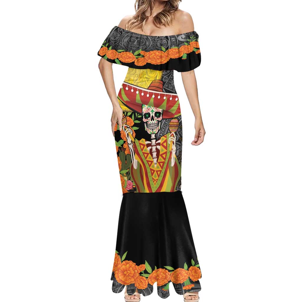 Mexico Dia De Los Muertos Mermaid Dress Sugar Skull Sombrero Aztec Pattern - Wonder Print Shop