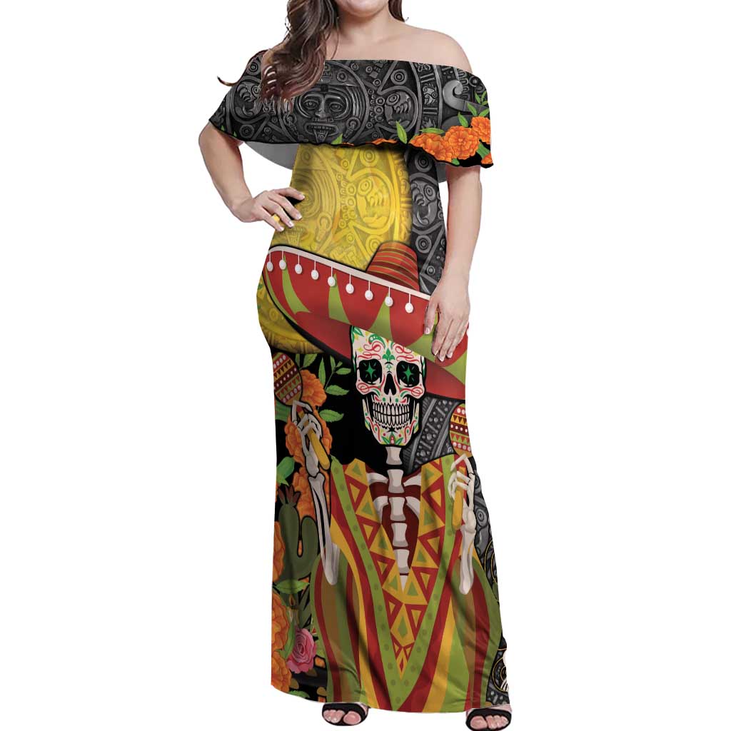 Mexico Dia De Los Muertos Off Shoulder Maxi Dress Sugar Skull Sombrero Aztec Pattern - Wonder Print Shop