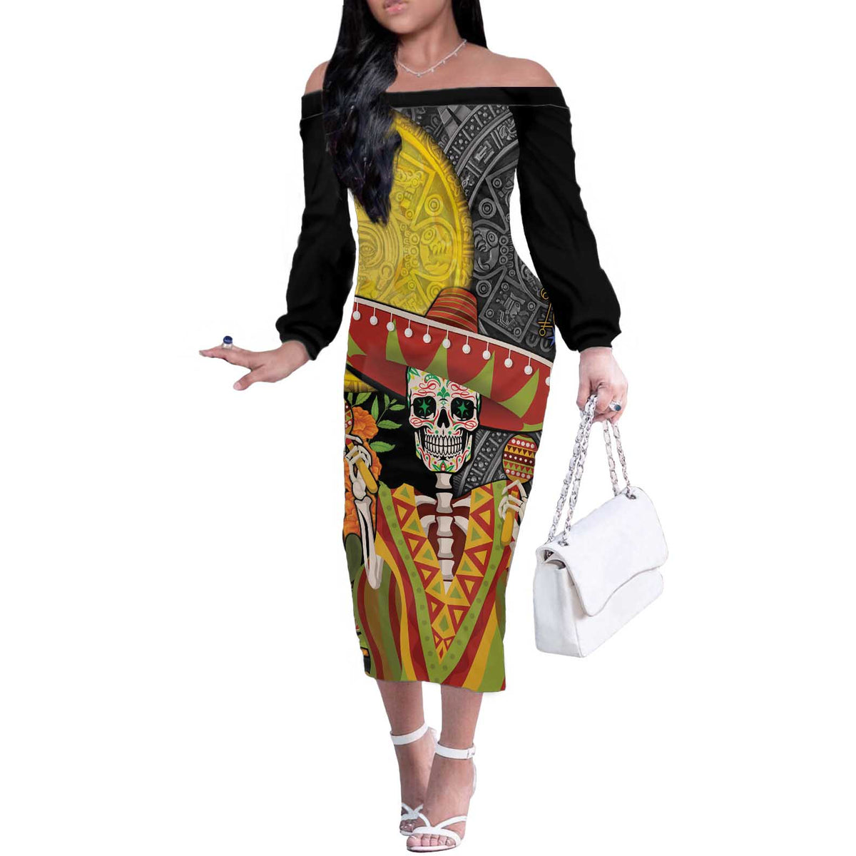 Mexico Dia De Los Muertos Off The Shoulder Long Sleeve Dress Sugar Skull Sombrero Aztec Pattern - Wonder Print Shop
