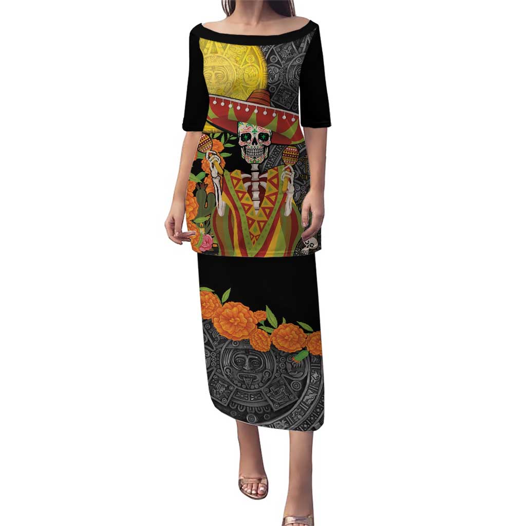 Mexico Dia De Los Muertos Puletasi Sugar Skull Sombrero Aztec Pattern - Wonder Print Shop