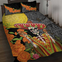 Mexico Dia De Los Muertos Quilt Bed Set Sugar Skull Sombrero Aztec Pattern - Wonder Print Shop