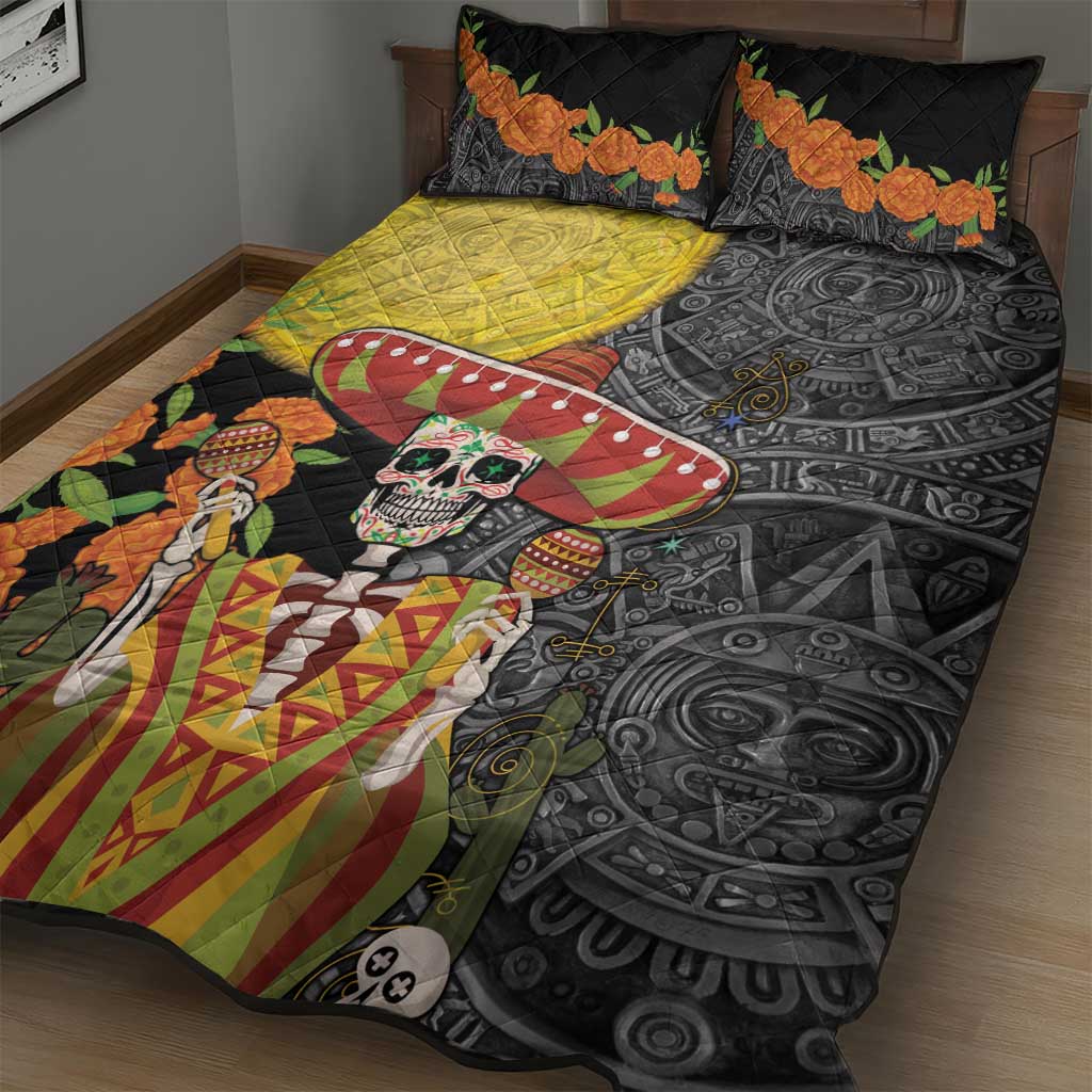 Mexico Dia De Los Muertos Quilt Bed Set Sugar Skull Sombrero Aztec Pattern - Wonder Print Shop
