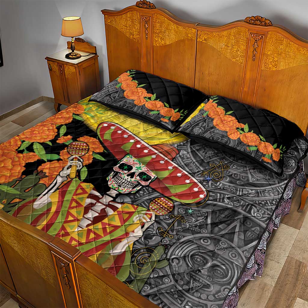 Mexico Dia De Los Muertos Quilt Bed Set Sugar Skull Sombrero Aztec Pattern - Wonder Print Shop