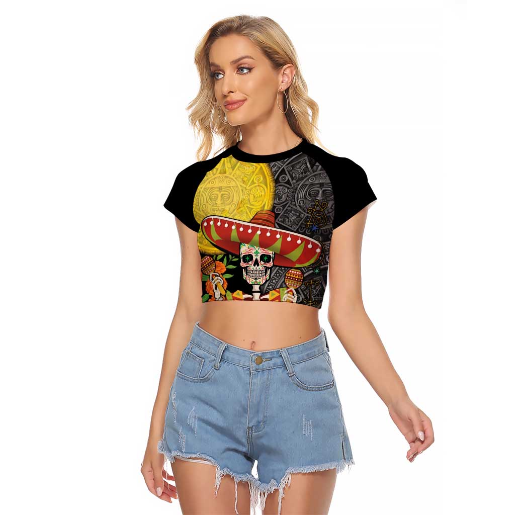 Mexico Dia De Los Muertos Raglan Cropped T Shirt Sugar Skull Sombrero Aztec Pattern - Wonder Print Shop