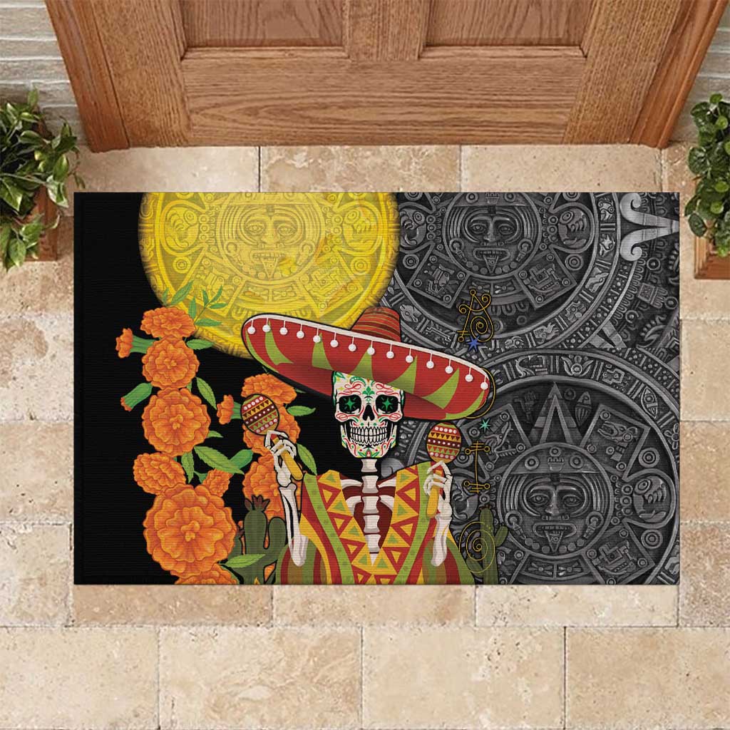 Mexico Dia De Los Muertos Rubber Doormat Sugar Skull Sombrero Aztec Pattern - Wonder Print Shop
