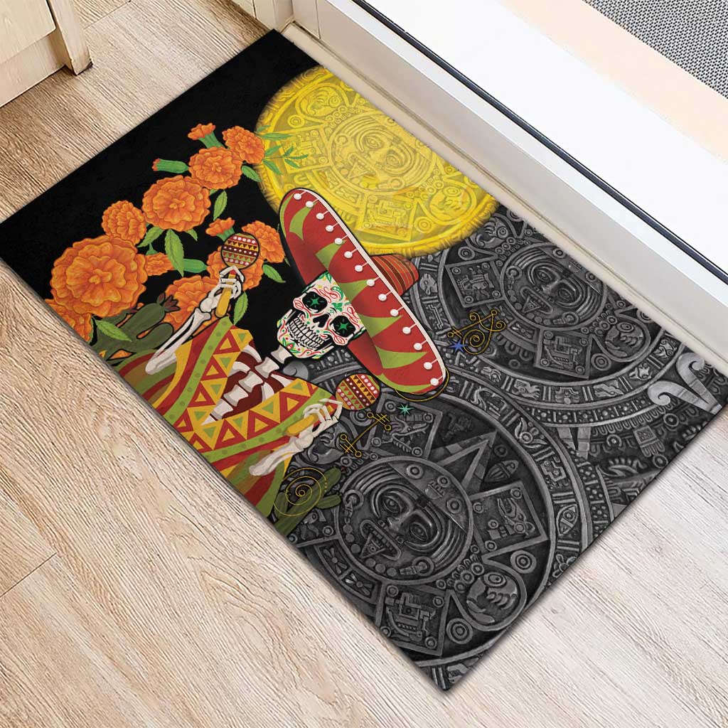 Mexico Dia De Los Muertos Rubber Doormat Sugar Skull Sombrero Aztec Pattern - Wonder Print Shop