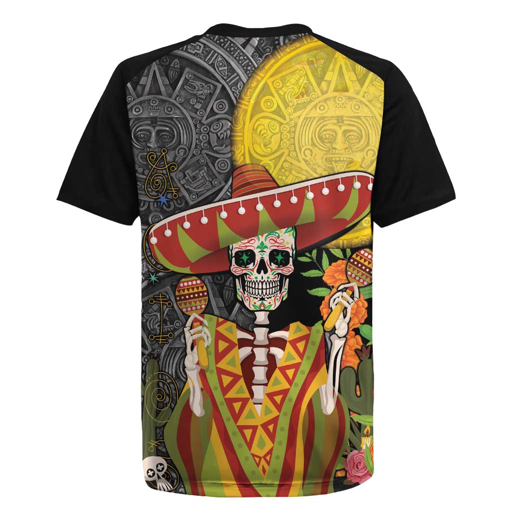 Mexico Dia De Los Muertos Rugby Jersey Sugar Skull Sombrero Aztec Pattern - Wonder Print Shop