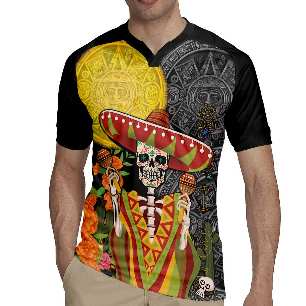 Mexico Dia De Los Muertos Rugby Jersey Sugar Skull Sombrero Aztec Pattern - Wonder Print Shop