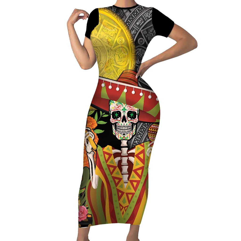 Mexico Dia De Los Muertos Short Sleeve Bodycon Dress Sugar Skull Sombrero Aztec Pattern - Wonder Print Shop